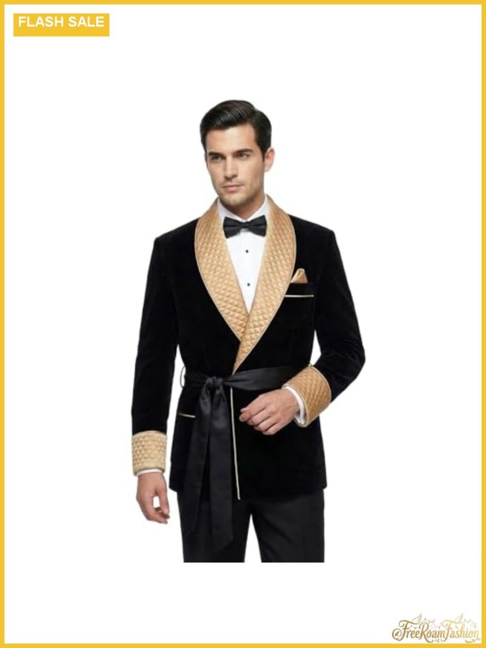 Velvet Smoking Jacket Gold Quilted Lapels Custom Tailored Formal